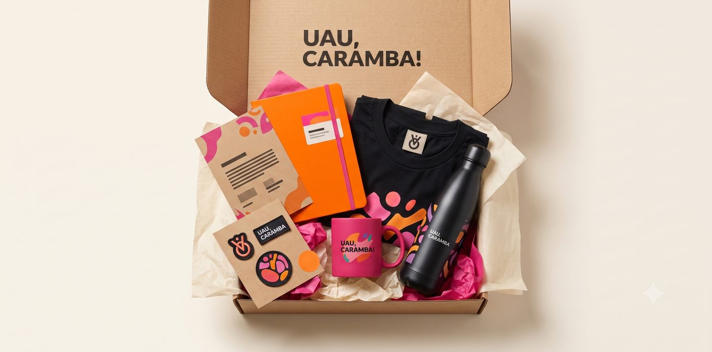 Kit corporativo Uau, Caramba! em caixa aberta: camiseta, caneca, garrafa, caderno e adesivos