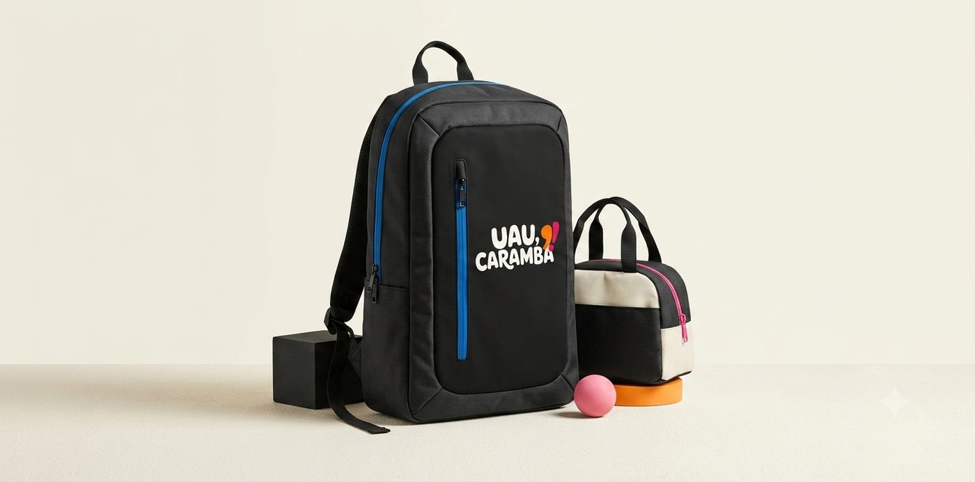 Mochila preta e bolsa térmica personalizadas com a logo Uau, Caramba!