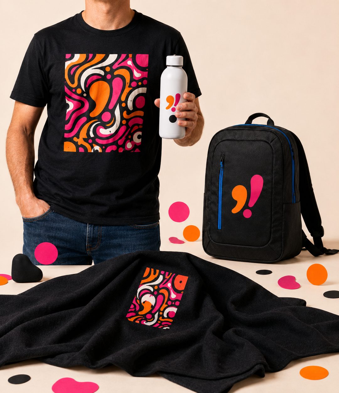 Produtos personalizados Uau, Caramba!: camiseta e manta estampadas, garrafa e mochila com o símbolo da marca