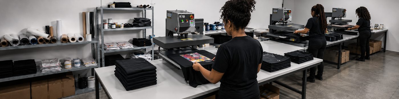 Produção na fábrica: prensas DTF em operação com equipe trabalhando